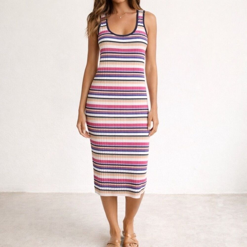 NWT Club Monaco Dress Summer Stripes Rib Knit Midi Tank Dress Women’s Size Large